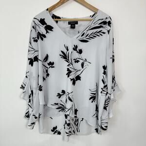 Grace Blouse Tunic Size XL‎ Off White with Black Floral Print Long Bell Sleeves